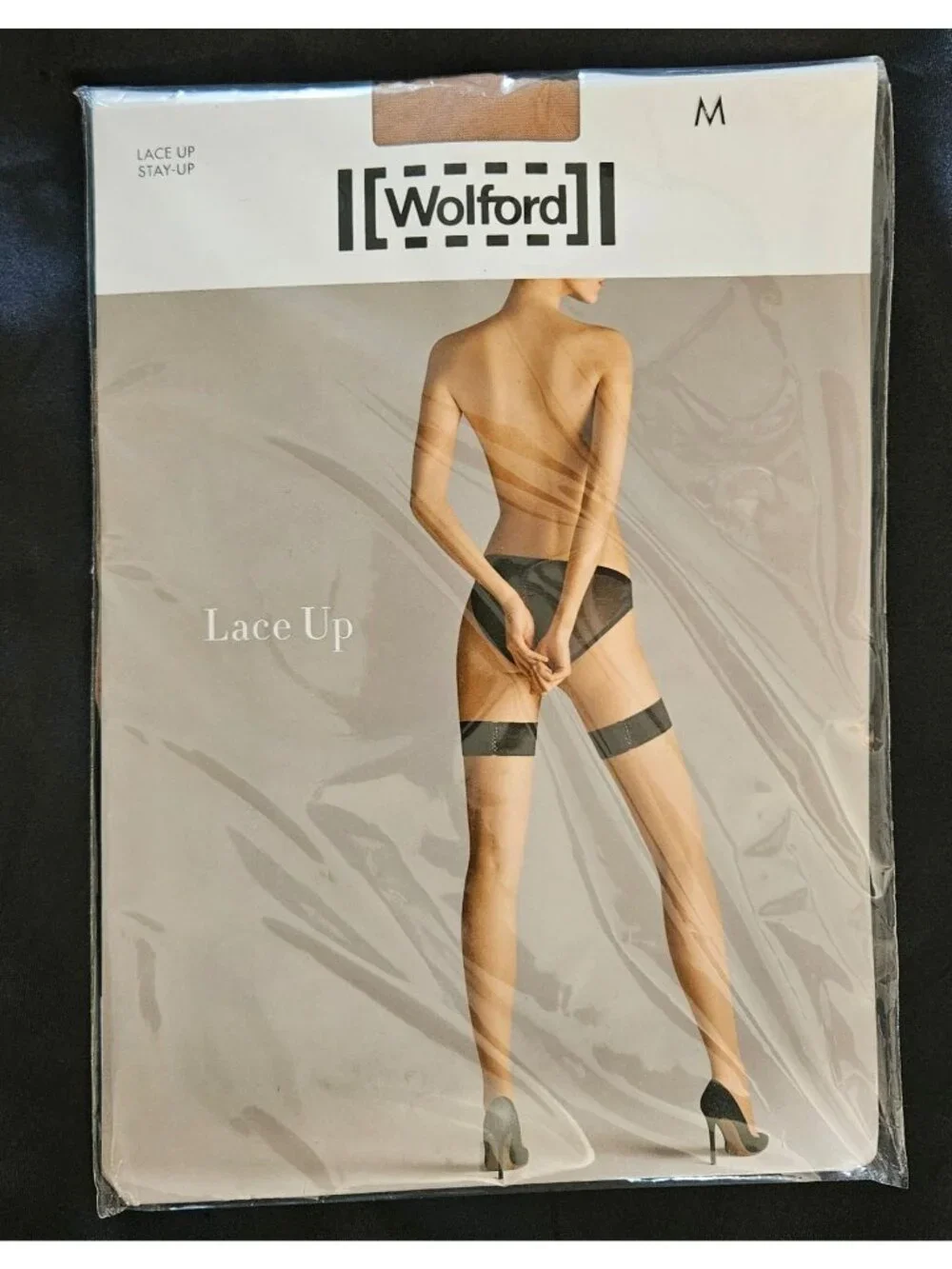 Wolford Lace Up Stay Up Stockings Hosiery Women Size Medium -Gobi/Black